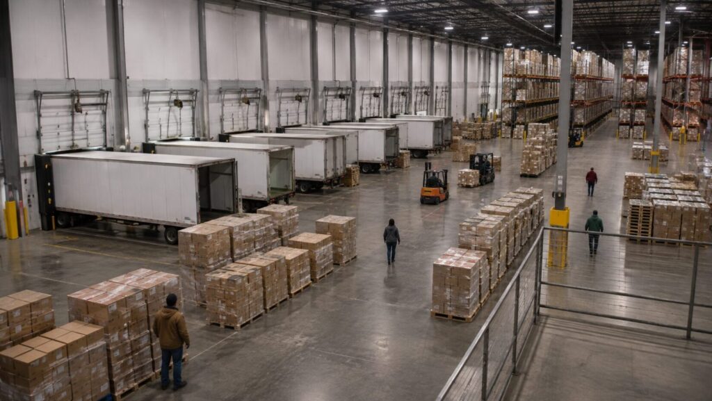 busy Ammunition Depot warehouse and loading dock with truck trailers