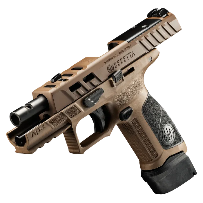 Tan Beretta APX A1 with a ported barrel.