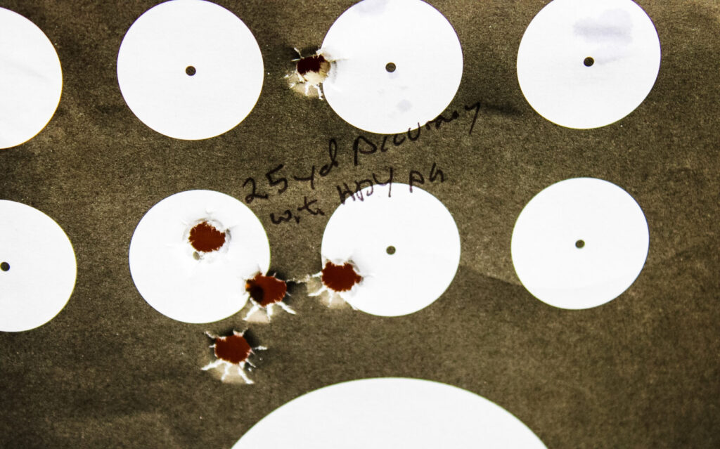 25-yard accuracy testing results for the Watchtower Apache Commander, showing a four-shot group just over one inch