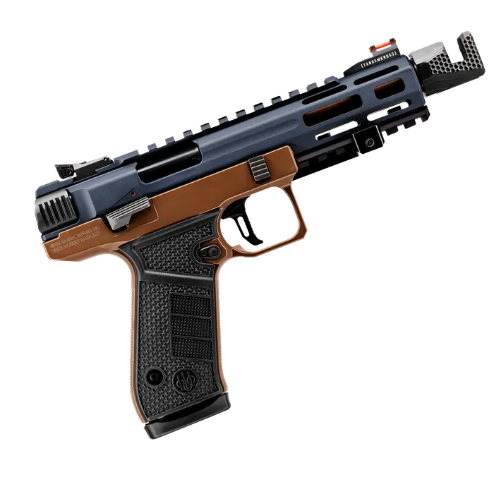 Orange and blue Jaguar B22 gun on a white background.