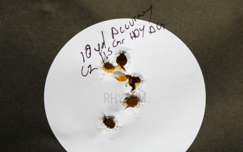 Staccato C2 10-yard accuracy test target showing a 2.25-inch group fired from a rest