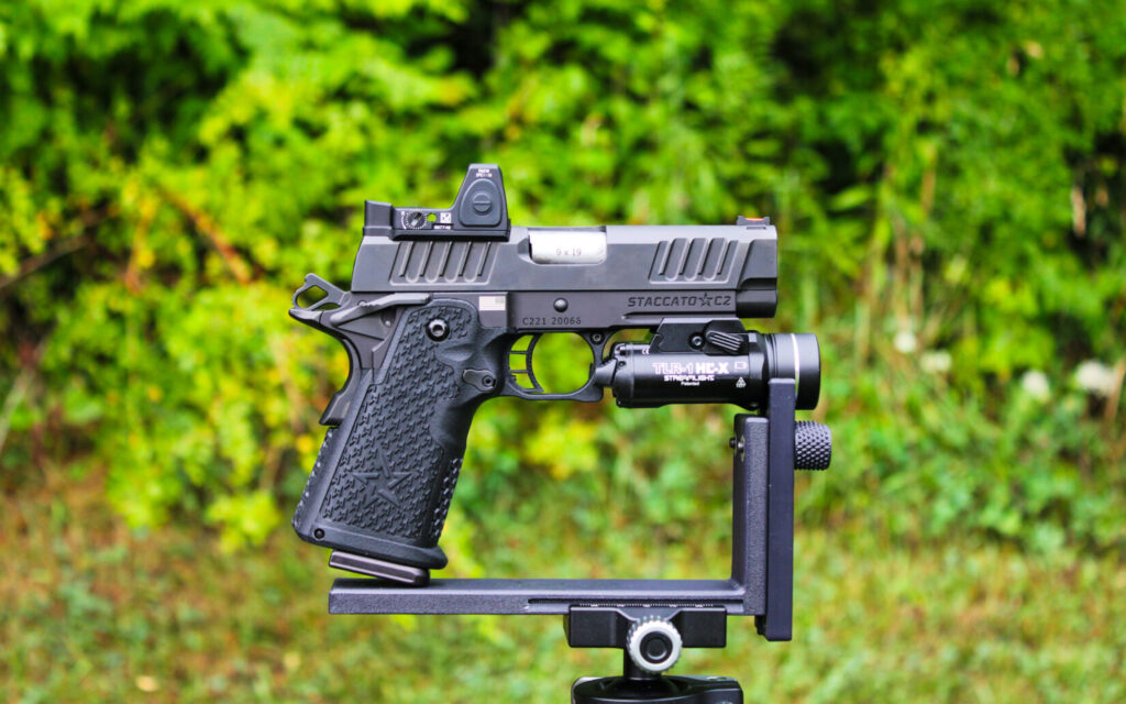 Staccato C2 with TLR-1 HL-X and Trijicon RMR on a rest.