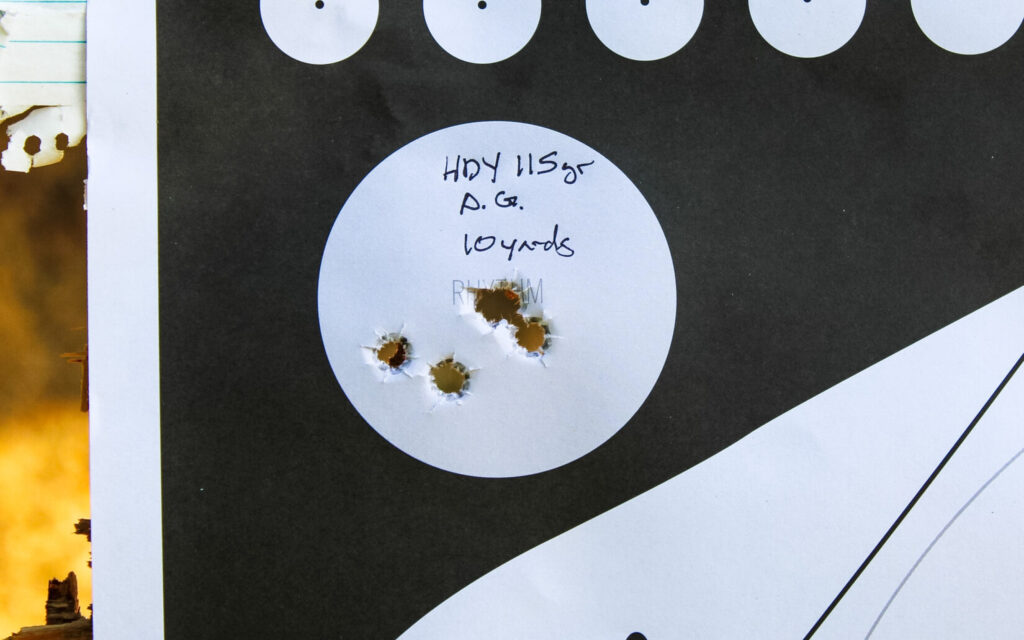 Target showing the Kimber DS Warrior's 10-yard accuracy test results