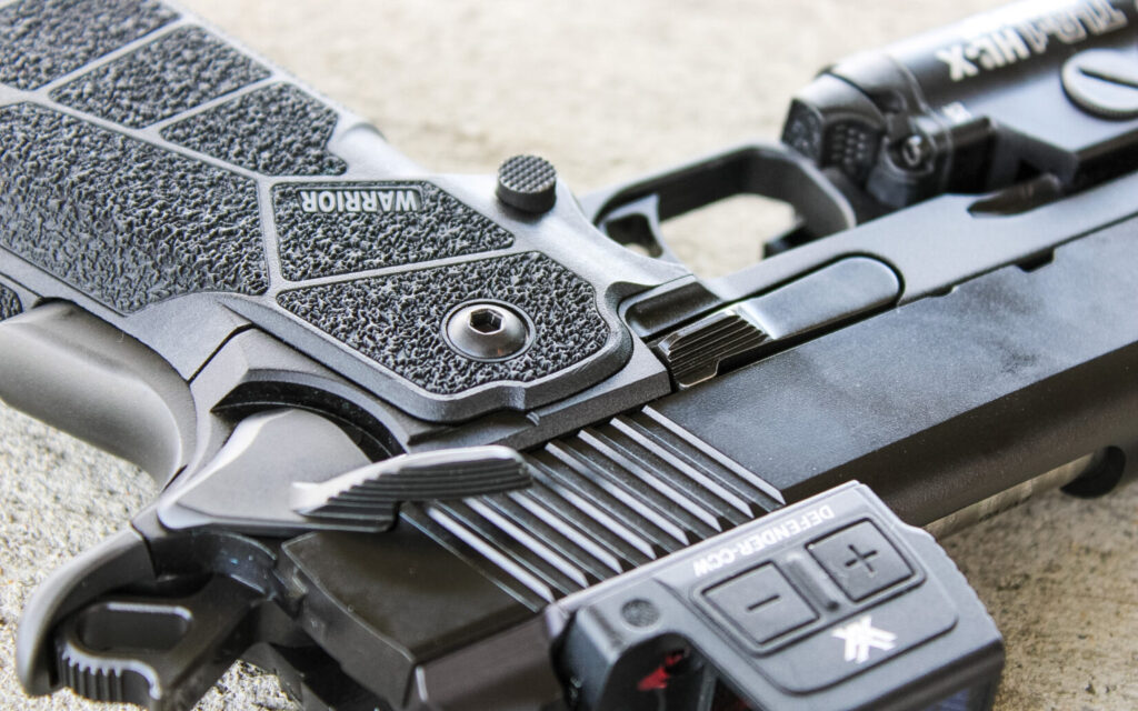 Close-up of the Kimber DS Warrior's controls, including the ambidextrous safety and GT Performance Trigger