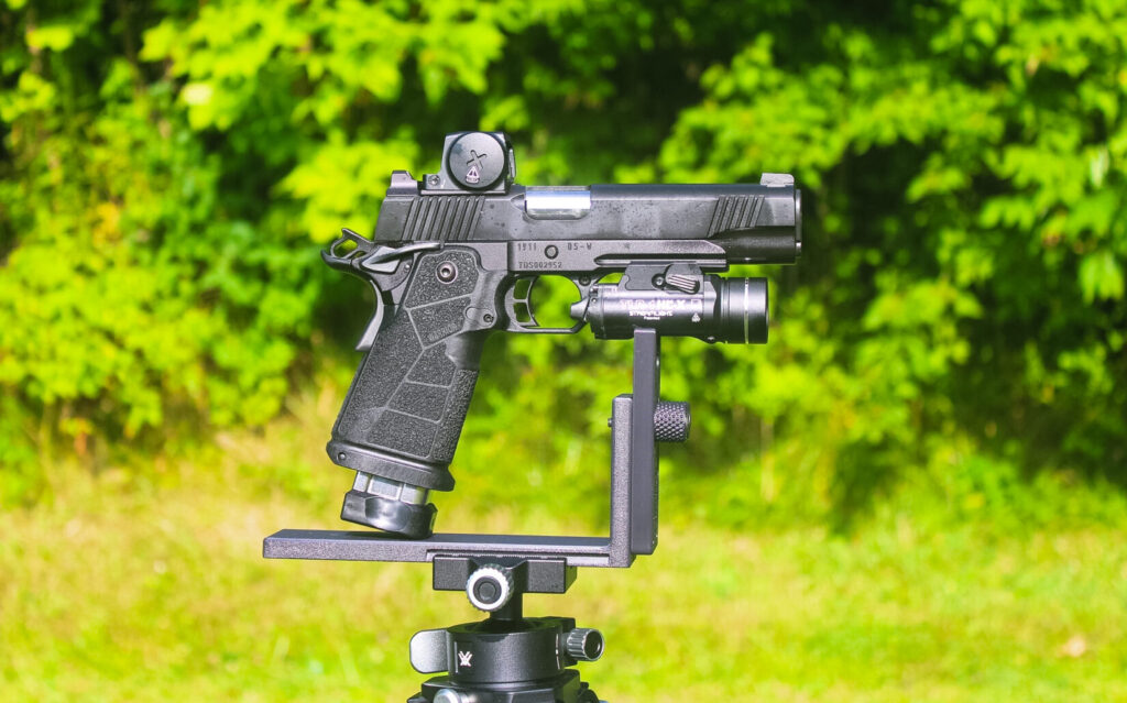 The Kimber DS Warrior LW, showing its traditional 1911-style lines and carbon-fiber grip module