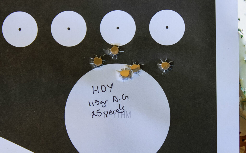 Target showing the Kimber DS Warrior's 25-yard accuracy test results, the best group in the series so far