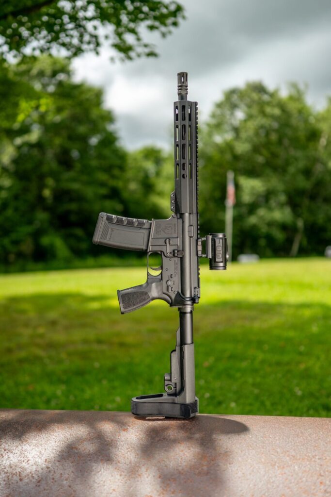 Black rifle with a natural background.