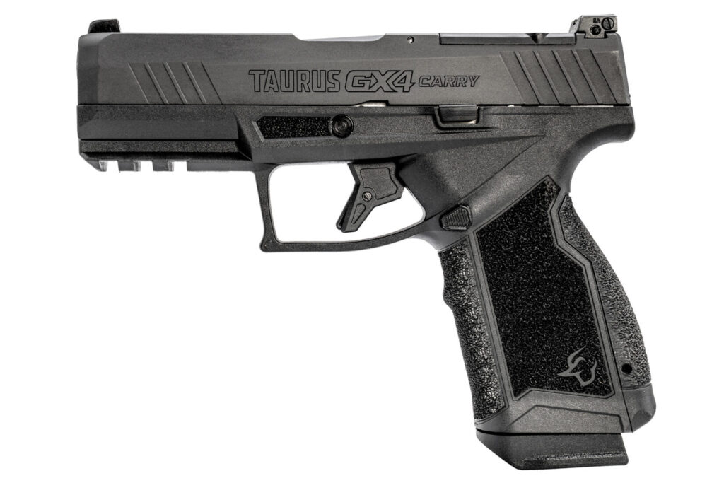 Black Taurus Gx4 Carry .380 Auto pistol on a white background.