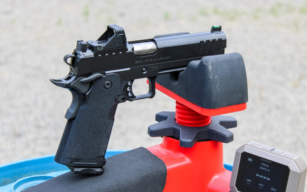 The Springfield Prodigy Gear Pac mounted in a rest for accuracy testing