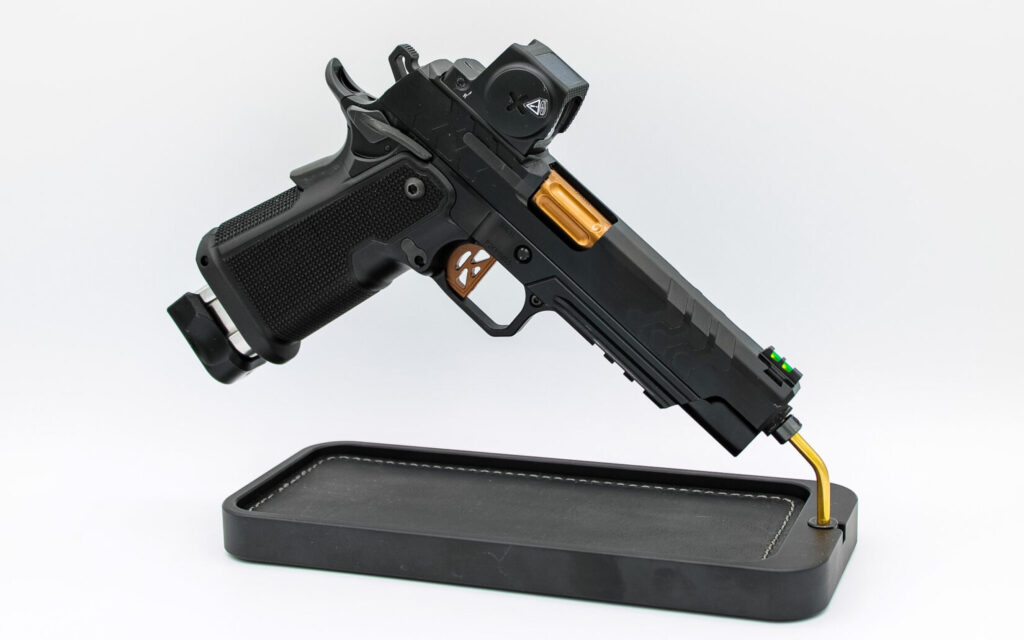 The Kimber 2K11 double-stack 1911 in 9mm, on a display stand