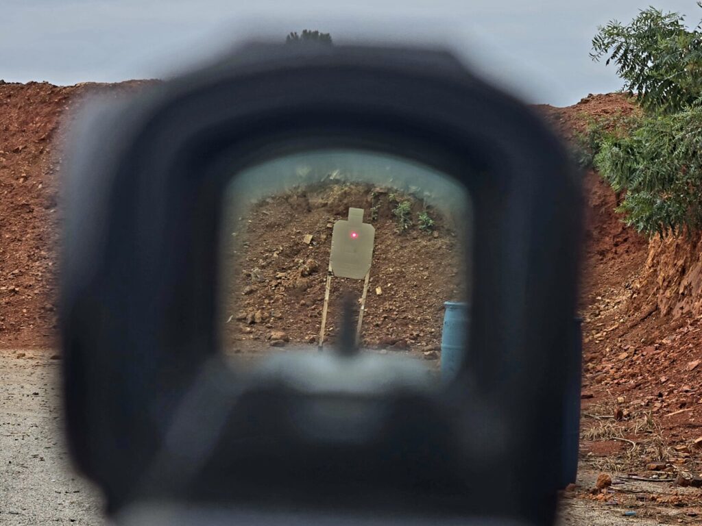 A standard ipsc target from 25 yards as seen through an Aimpoint ACRO