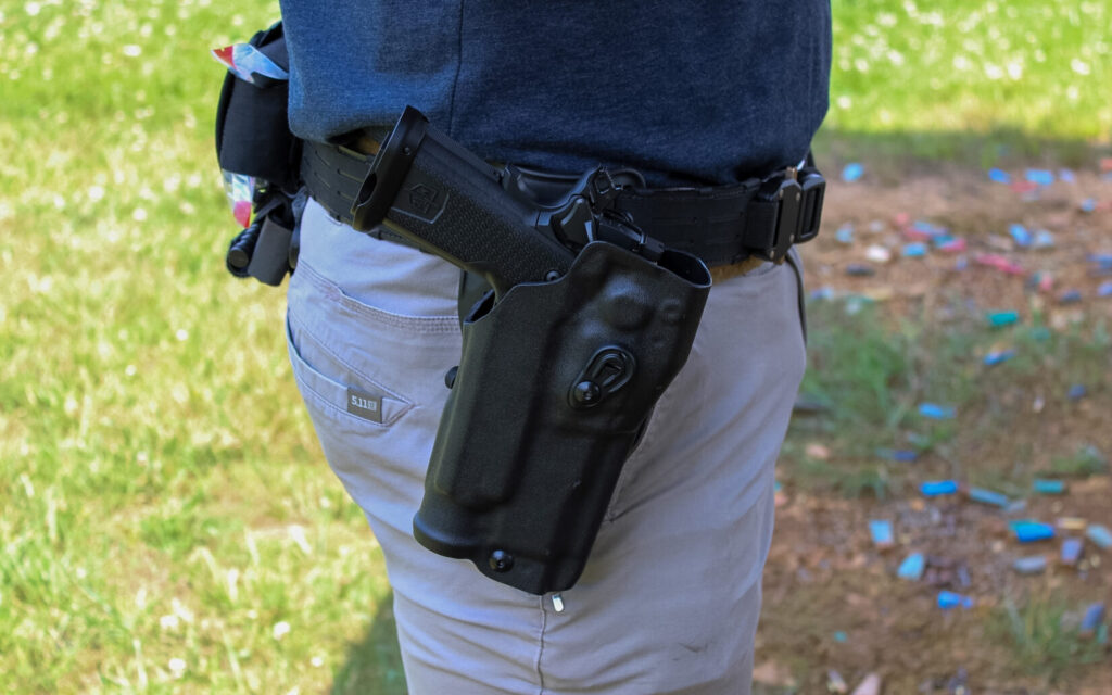The MAC 9 DS Comp holstered in a Safariland 6354RDSO ALS Holster with QLS19 Fork