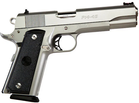 A stainless steel Para-Ordnance P14-45 wide-body 1911 pistol on a white background.