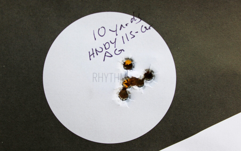 10-yard accuracy testing results showing a 1-inch group with the Stealth Arms Platypus