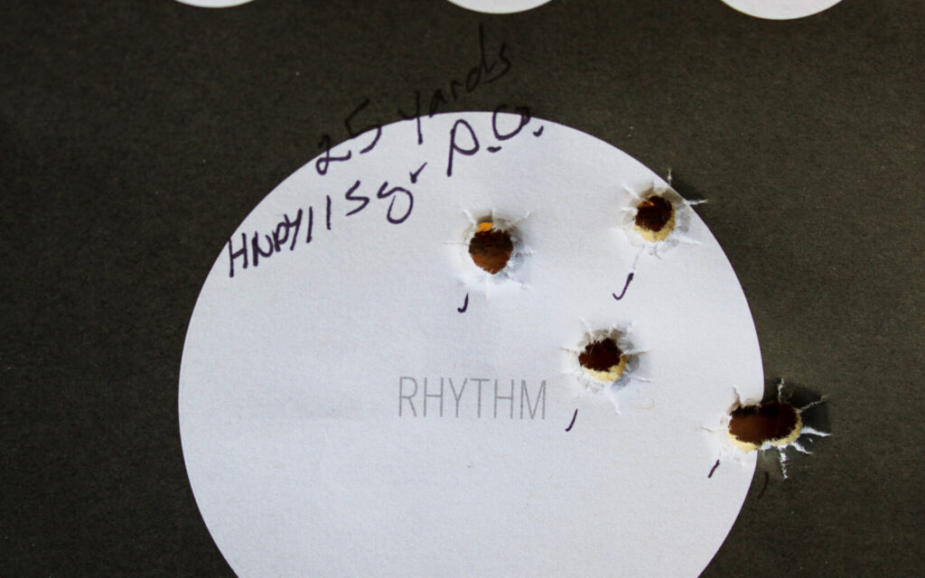 25-yard accuracy testing results showing a 2-inch group with the Stealth Arms Platypus