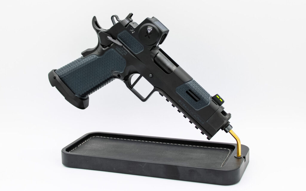 The Stealth Arms Platypus 2011 with integrated compensator on a display stand