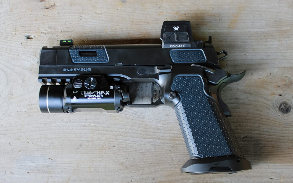 The Stealth Arms Platypus in a black and Magpul grey color combination