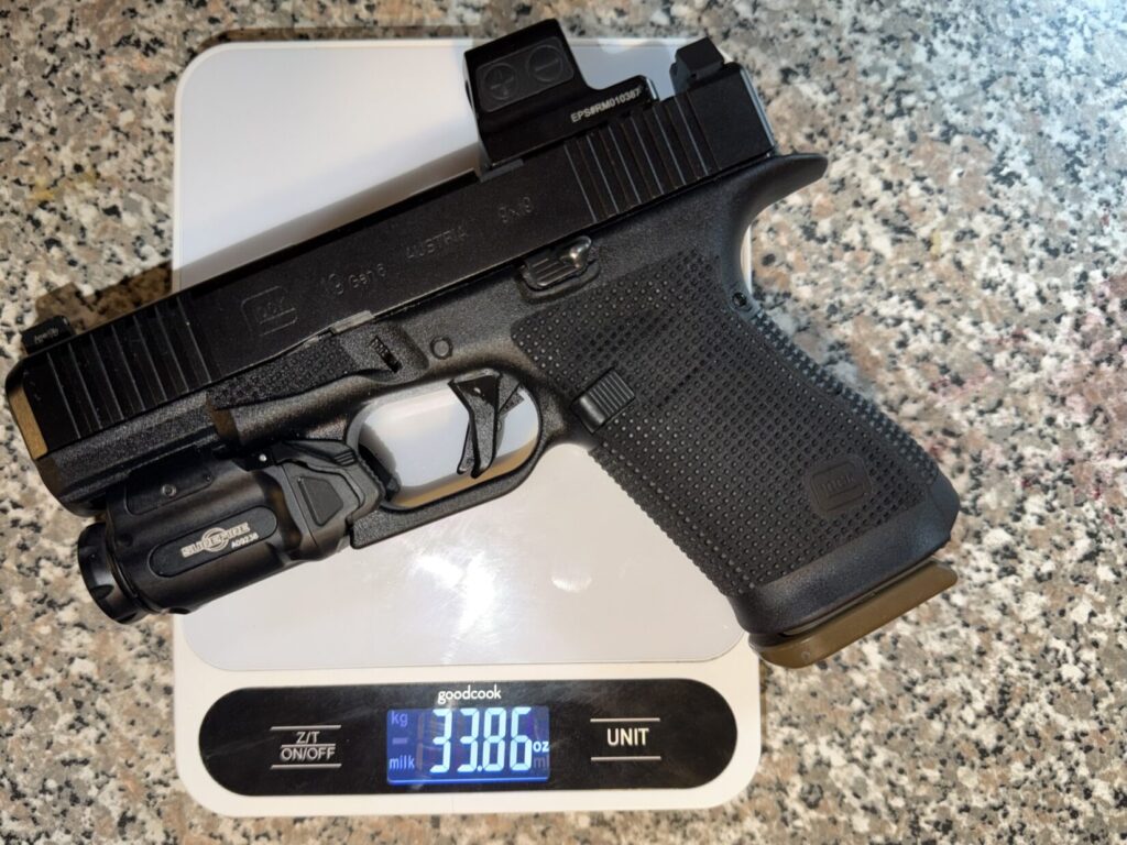 Ken Stretz's Glock 19 Gen 6 set up loaded with 16 124 grain +P Gold Dots came in at 33.86 ounces.