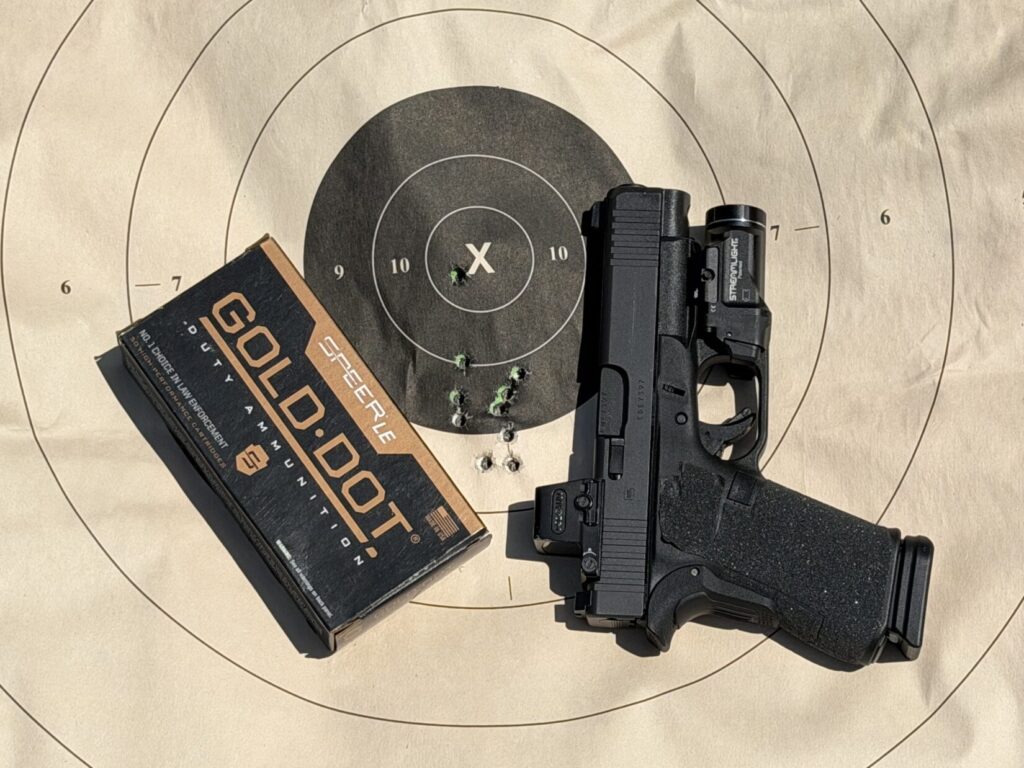 Ken Stretz's 25 Yard Group with a Glock 48 and 124 grain +P Gold Dots. (Also, target evidence to check your zero, as they do shift.)