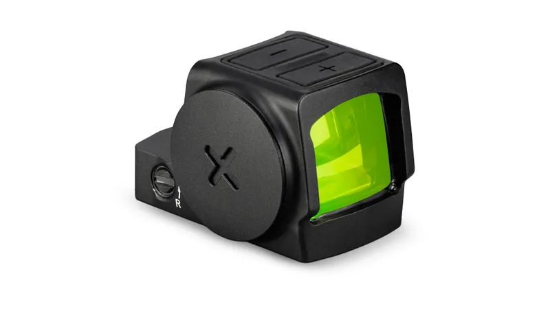 Black optic on a white background.