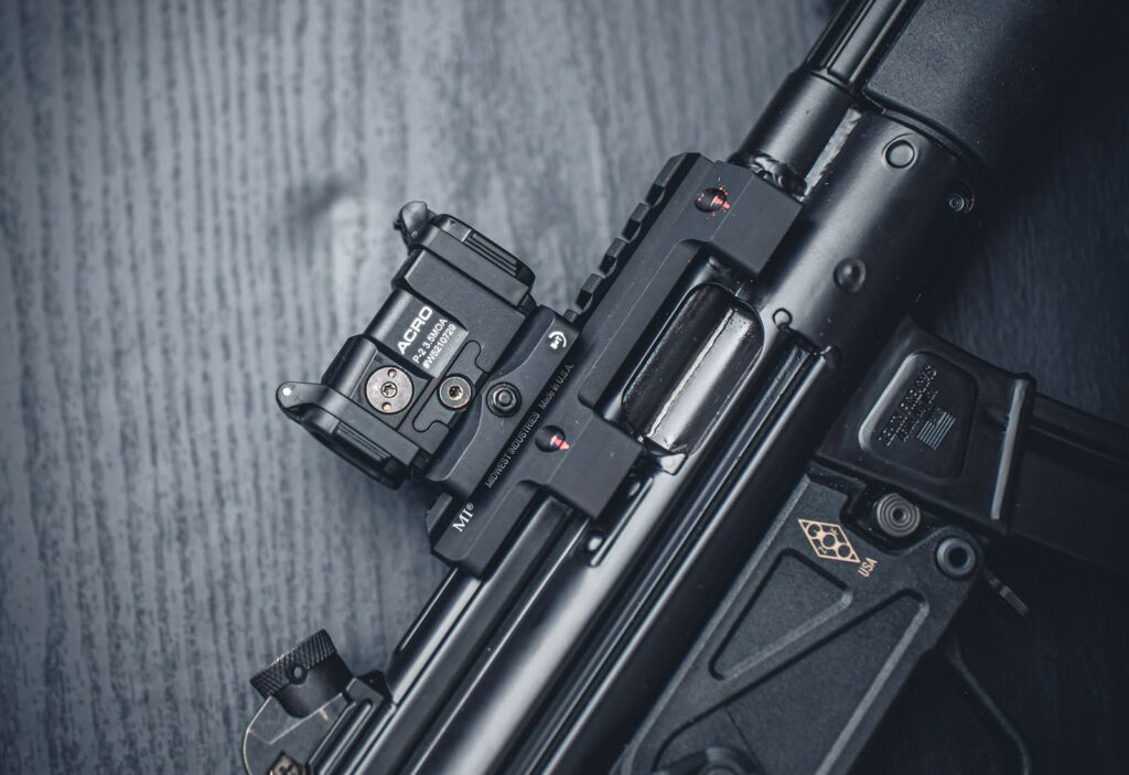 Aimpoint ACRO P-2 mounted on an MP5, showing its use beyond handgun platforms