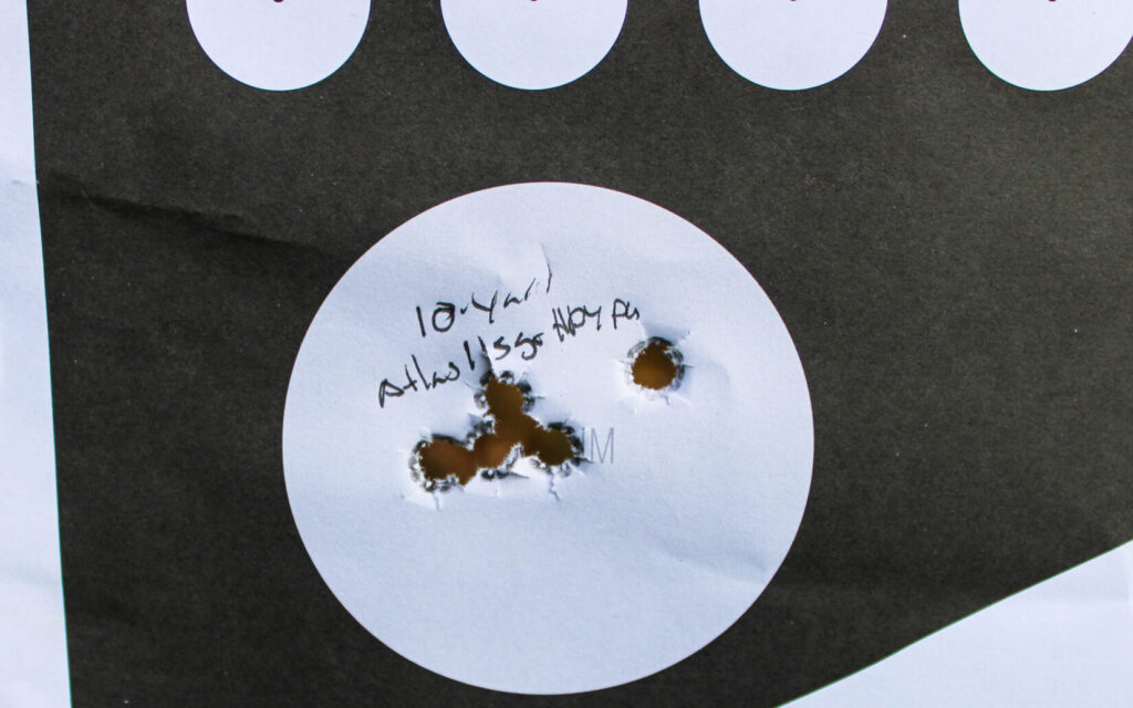 Target showing the Atlas Athena V3's 10-yard accuracy group