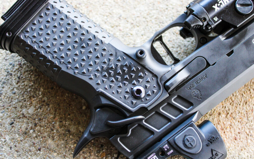 Atlas Athena V3 on a bench, showing its grip texture showing its grip texture and controls