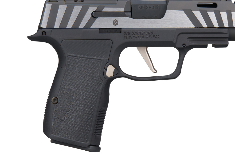 The Sig P365-AXG Equinox's aluminum AXG grip module in black, paired with the two-tone Equinox slide