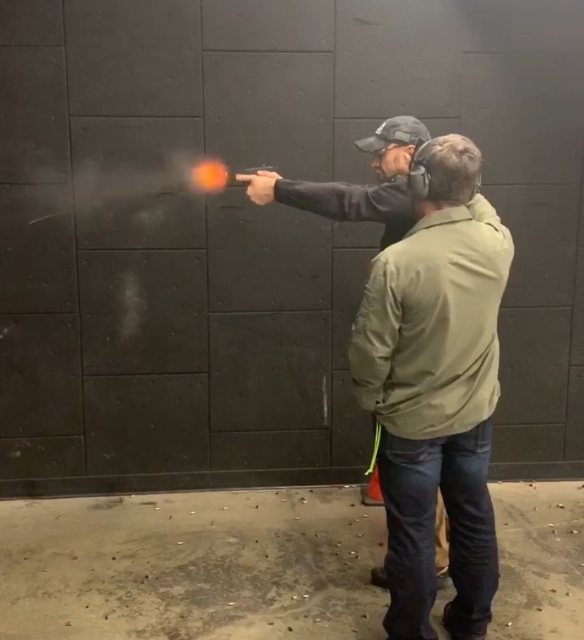 Muzzle flash captured during a War HOGG Tactical concealed carry course using training ammunition