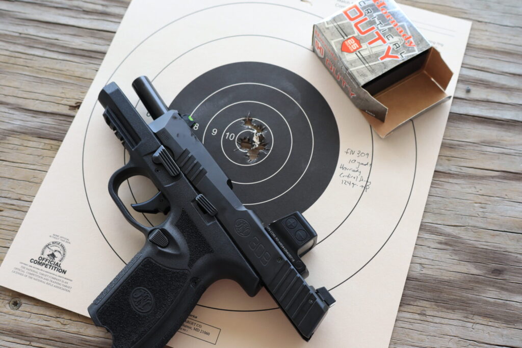Ten-yard accuracy group fired from the FN 309 MRD with Hornady Critical Duty 124-grain +P ammunition