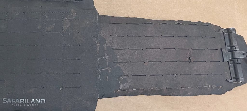 Bullet marks on the cummerbund of the Safariland armor that SAVES #2233 Sergeant Mauricio Valle was wearing when he was shot multiple times by an assailant. 
