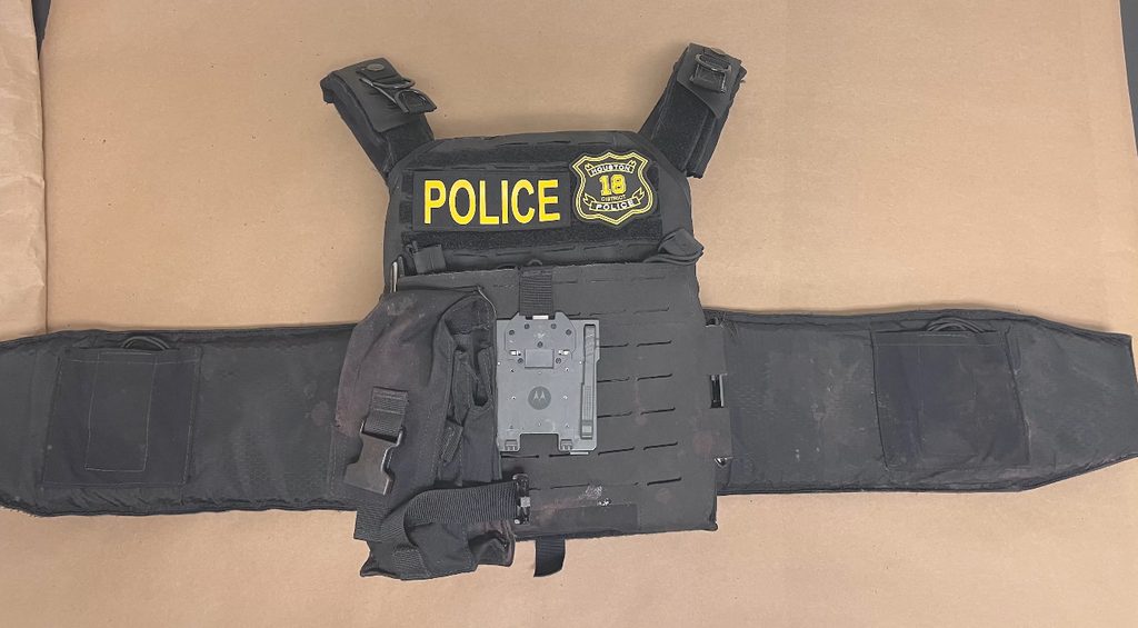 Sergeant Mauricio Valle's Safariland SX SX02 Level IIIA system in a SHIFT 360 carrier, with marks that show where the armor stopped the bullets.