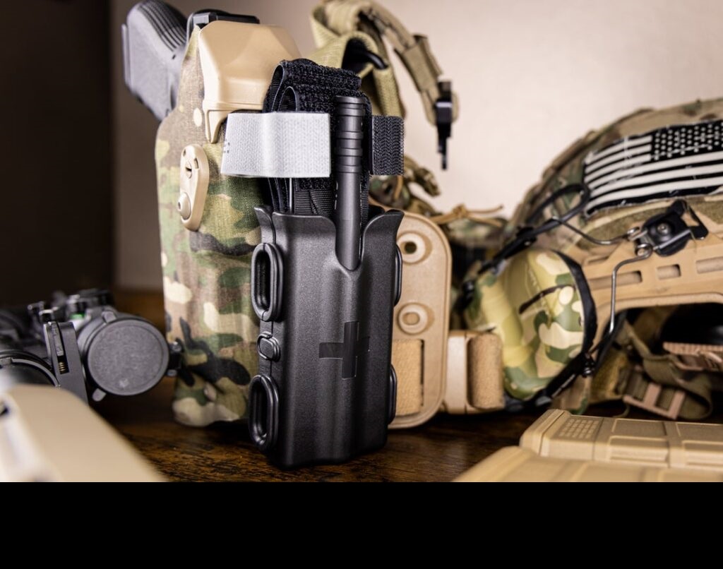 The Safariland Tourniquet (TQ) System pouch holding a tourniquet, shown with its mounting options