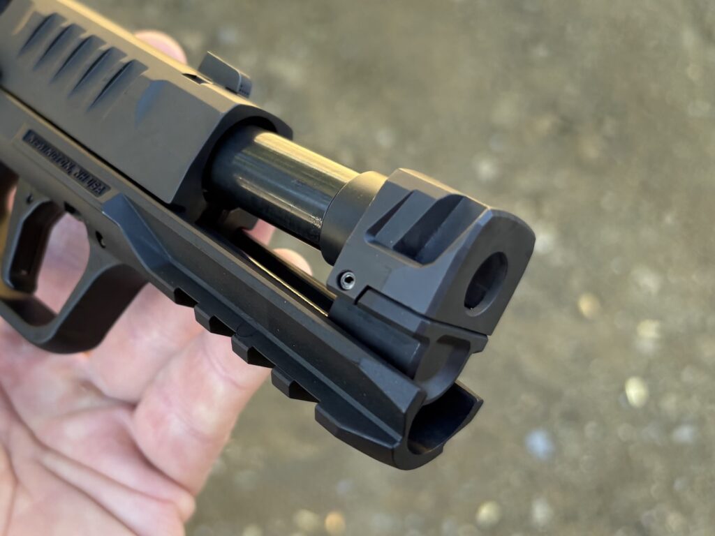 Sig's P385-MACH3D has a compensator added to its barrel and a full-size grip module.