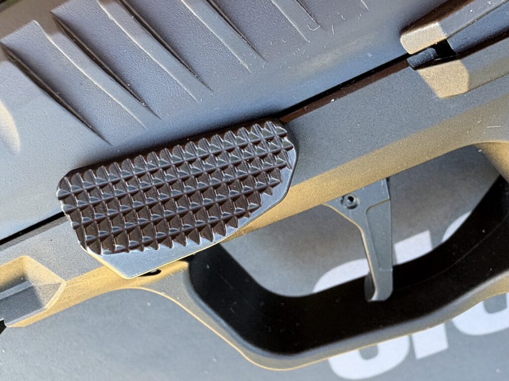 This take-down lever gas pedal on the P385 is large and ideal for control. They come in smaller sizes. Holsters will accommodate these in all sizes.