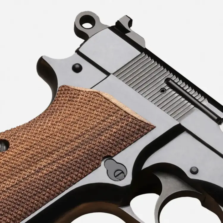 Springfield Armory SA-35 4-inch Polished Blued pistol showing the polished blued slide and checkered walnut grips.