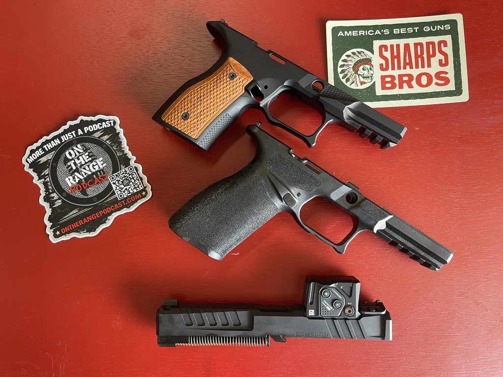 Springfield Armory factory grip module beside the Sharps Bros. grip module, showing the difference in grip angle