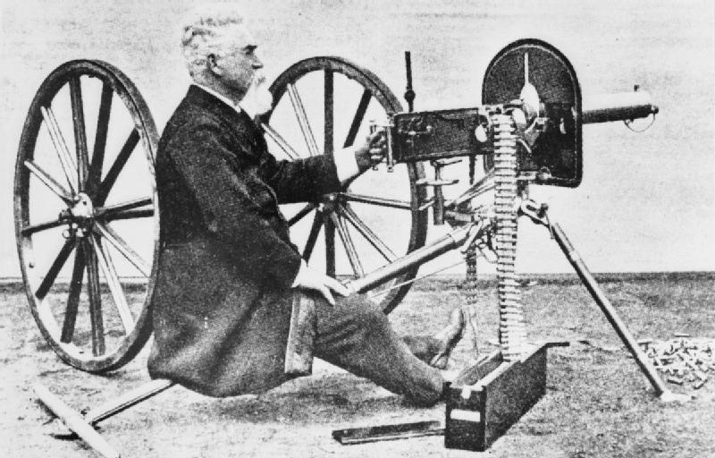 Hiram Maxim and his Machine gun off the carriage