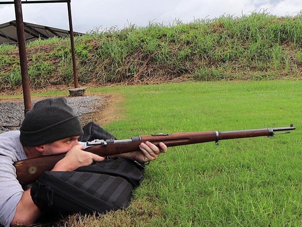 Shooting a Swedish Mauser rifle from the prone position, resting on the Safariland Dual Rifle Bag